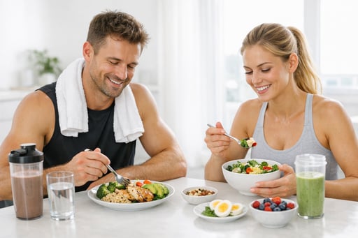 Idrottare som äter näringsrik mat efter träning i en ljus och minimalistisk miljö
